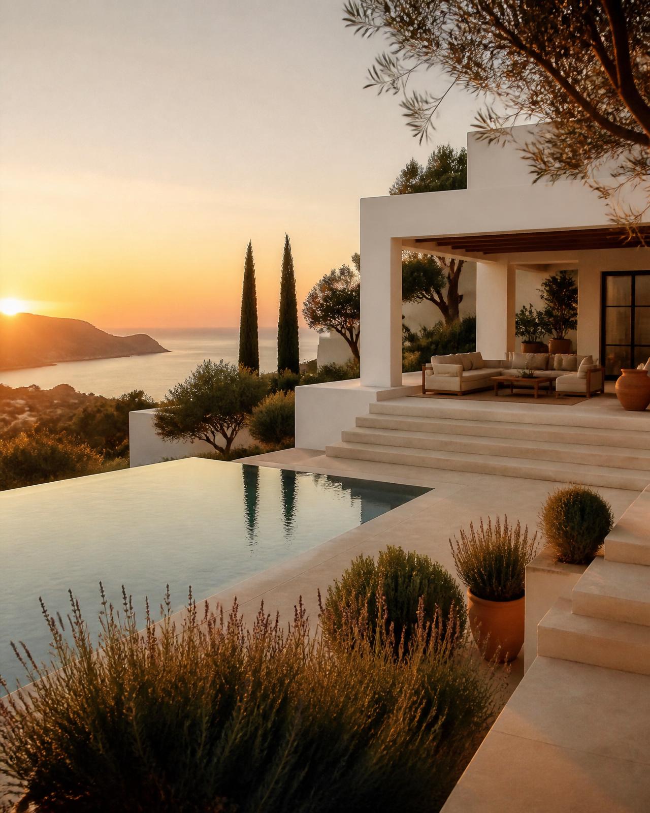 Moderne mediterrane villa aan de Costa Blanca bij zonsondergang